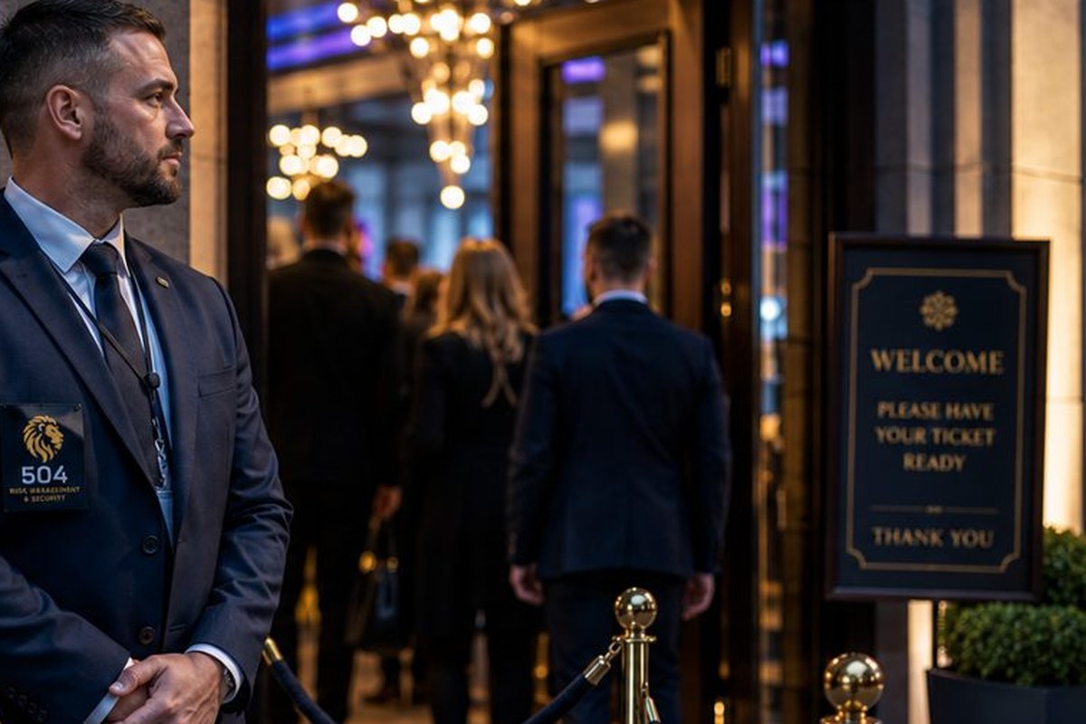 Licensed security officer at a venue entrance